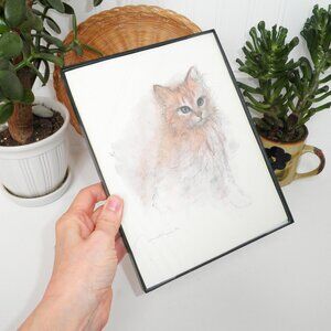 Vintage Mads Stage SIGNED Orange Cat Watercolor Print 9 in. X 7 in. Framed